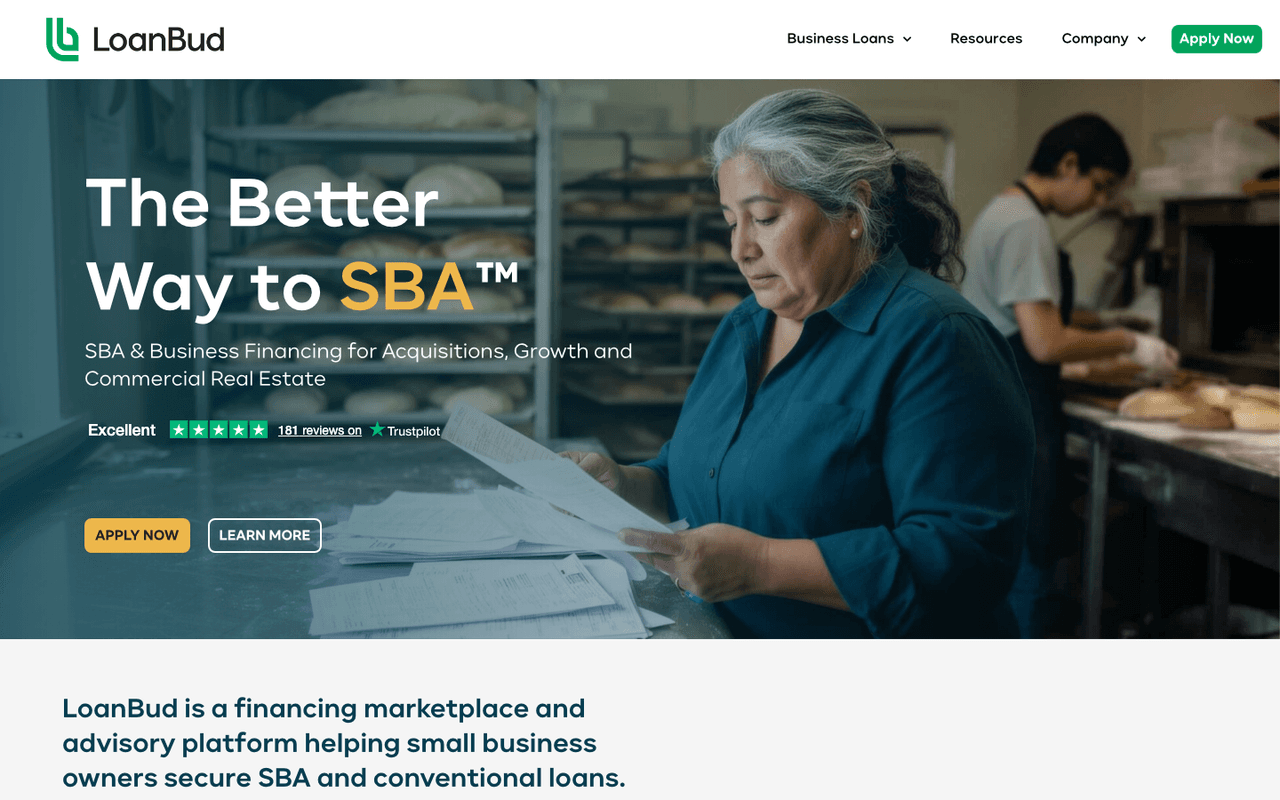 LoanBud home page: "The Better Way to SBA" over a bakery owner reviewing loan paperwork