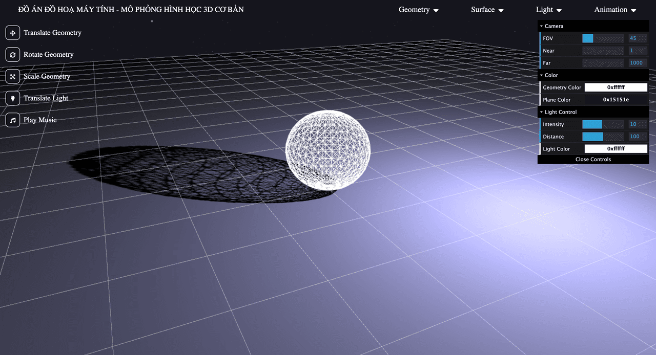 A wireframe sphere casting a shadow on a 3D grid, with camera and light controls